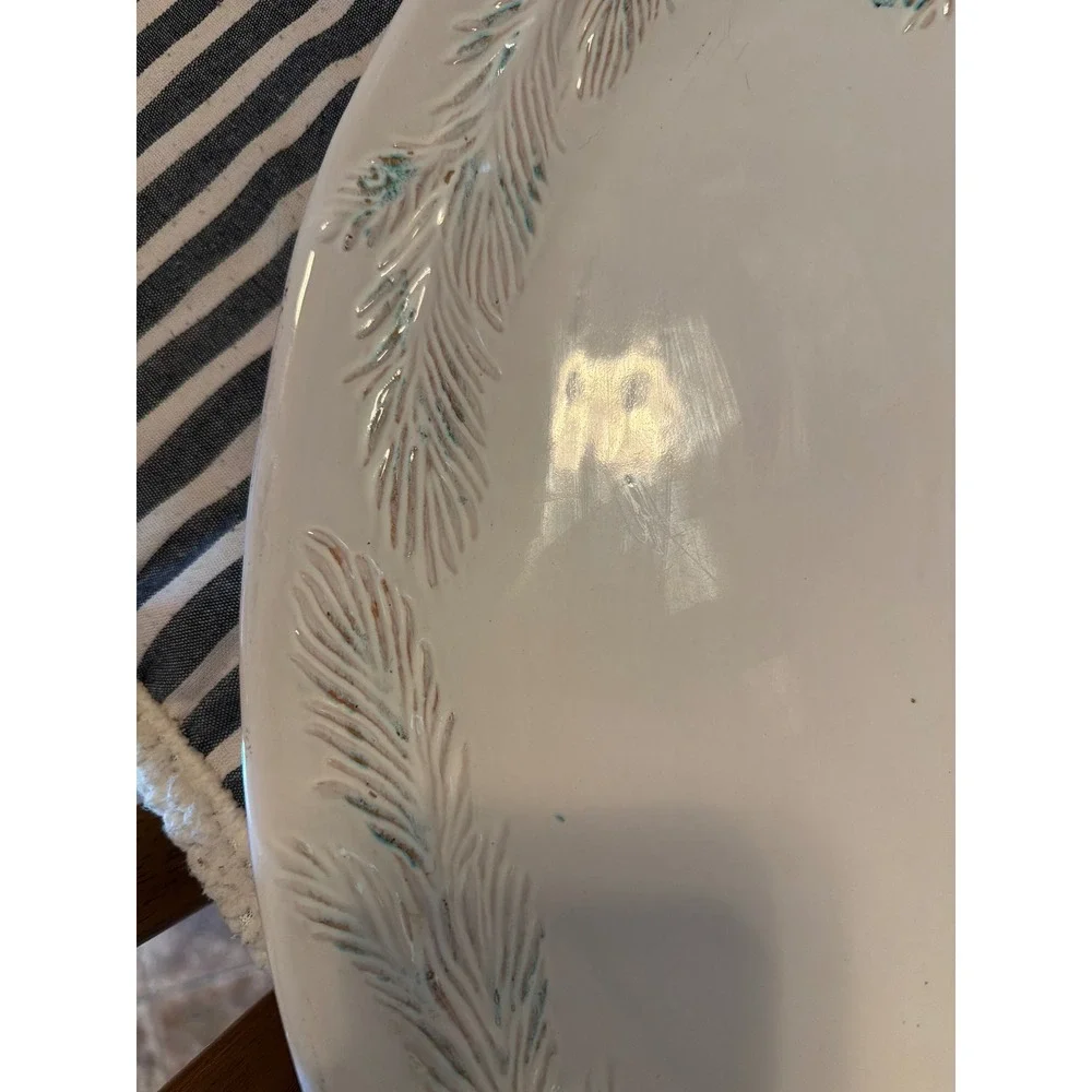 Large Oval Ceramic Serving Platter White Pinecone Pine Needle Embossed 18.5 Inch